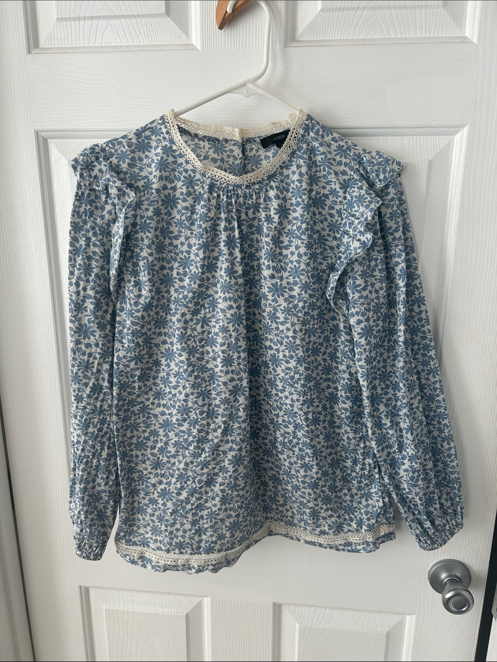 J. Crew Blue Floral Lace-Trim Long-Sleeve Blouse